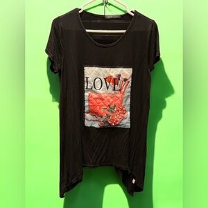 OUR Collection Love Black Asymmetrical Graphic Tee MEDIUM / LARGE stretchy loose